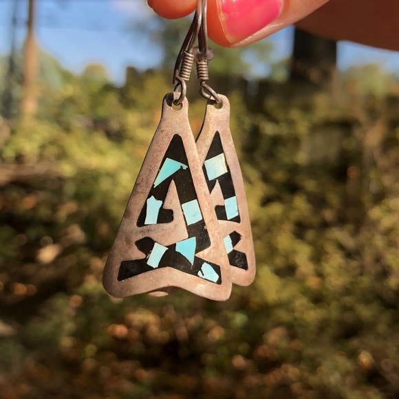 Vintage 925 Taxco Turquoise Inlay Earrings - Picture 2 of 8